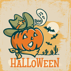 Howdy Halloween pumpkin with cowboy hat and ghost vector color illustration. Vintage Happy Halloween cowboy printable card with funny pumpkin on old paper texture background for text or design.