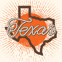 Vector Texas map black silhouette isolated on white background for printing or design. Vector Texas rope design and American cowboy lasso.