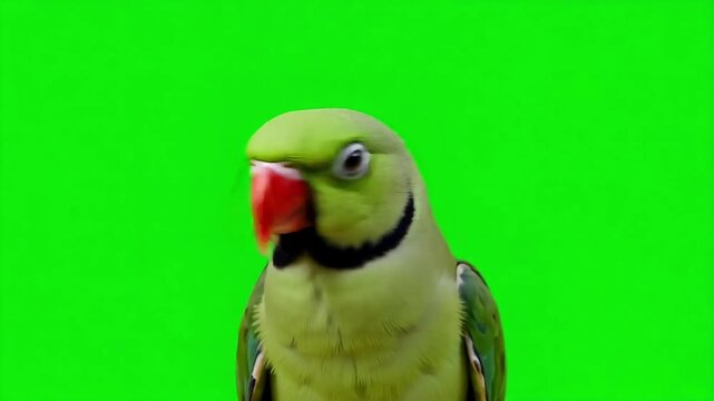 Animated green parrot squawking and flapping wings against bright green screen background ideal for vibrant cartoon and educational content creation