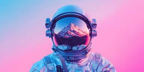 Creative abstract business background featuring astronaut in space with mountain landscape and snowy peaks for technology advertising and corporate presentation design concepts.