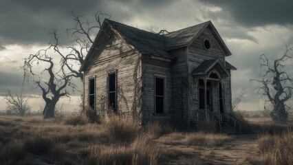 Abandoned farmhouse under a stormy sky