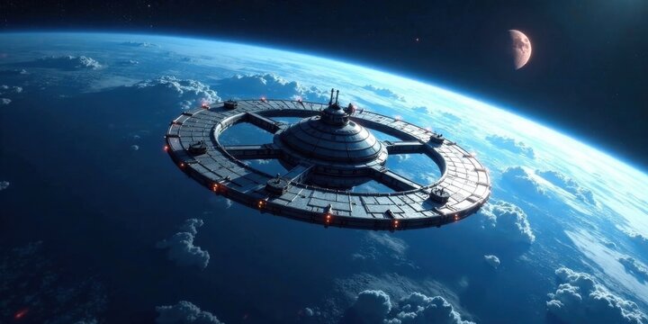 A futuristic space station orbits a vibrant planet, bathed in the ethereal glow of a distant moon, a breathtaking vista of cosmic exploration and interstellar travel