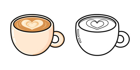 Coffee latte art heart illustration and coloring page