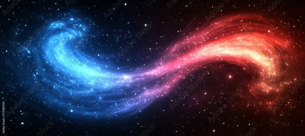 Wall mural vibrant fusion of colorful red and blue light swirls with subtle spark nebula in dark space scene