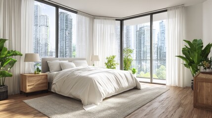 Spacious Modern Master Bedroom with King Size Bed and City View Through Floor-to-Ceiling Window