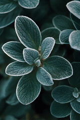 Captivating Beauty of Natue: Close-Up View of Froste Plant Leaves Adorned withIntricate Ice Crystals, Caturing the Essence of Wintr's Elegance in a SingularMoment
