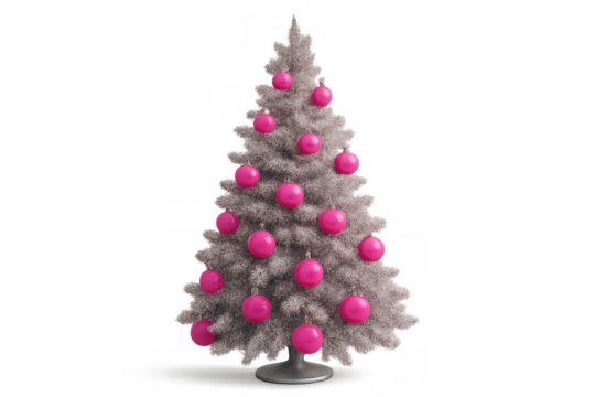 Grey christmas tree with pink ornaments celebrating winter holiday