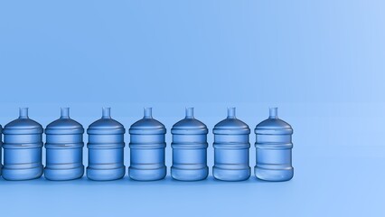 A 3d rendering of row of clear, light blue plastic water jugs, often referred to as five-gallon jugs or carboys. 