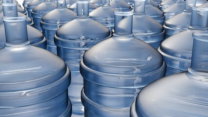 A 3d rendering of row of clear, light blue plastic water jugs, often referred to as five-gallon jugs or carboys. 