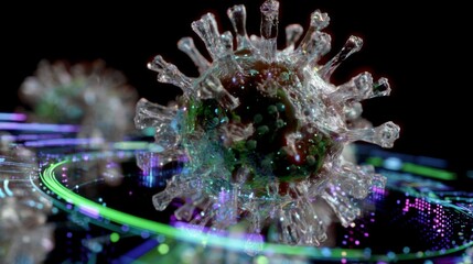 Microscopic view of a virus digital rendering with vibrant glowing data streams