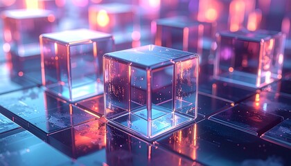 Abstract geometric shapes, glowing transparent cubes on a metallic surface