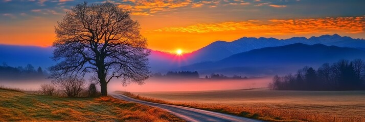 Fototapeta premium Tranquil Dawn Scenic Country Road, Solitary Tree, Misty Mountains, and Vibrant Sunrise Colors.