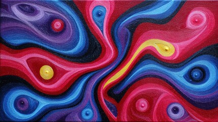 Abstract vibrant swirls of color with circular elements on a textured canvas background