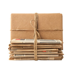 Old newspaper bundle to recycle with brown package on transparent background
