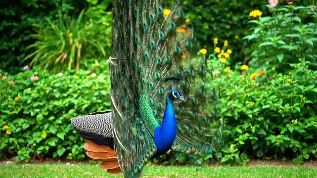 Magnificent Indian Peacock Displaying Vibrant Tail Feathers in Lush Green Garden