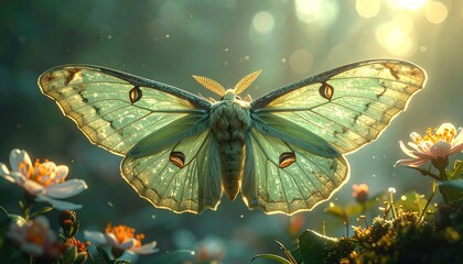 Green Luna Moth in Sunlight Amongst Flowers