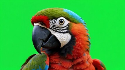 Curious macaw parrot facing forward with vibrant feathers against a bright green backdrop ready for dynamic motion graphics and exotic animal projects