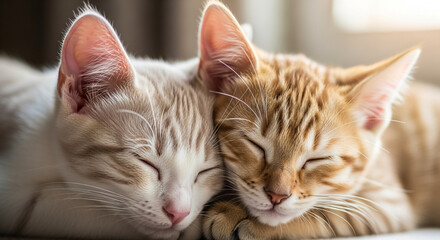 Two Sleeping Cats: A heartwarming image captures the peaceful slumber of two adorable kittens snuggling closely, their faces pressed together in sweet companionship.