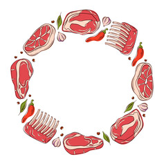 Circular frame of raw meat cut, steak, ribs with herbs, pepper, garlic and spices on a white background in flat style.