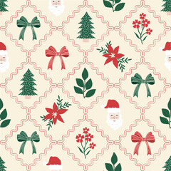 Charming Christmas seamless pattern with Santa, poinsettia, bows, trees, and leaves in festive diamond grid. Great for fabric, wallpaper, and paper goods.