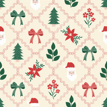 Charming Christmas seamless pattern with Santa, poinsettia, bows, trees, and leaves in festive diamond grid. Great for fabric, wallpaper, and paper goods.