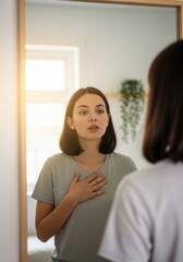 Contemplative Woman Assessing Herself in the Mirror with Morning Light