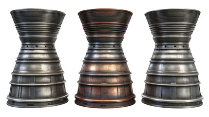 Three rocket engine nozzles isolated on transparent png background