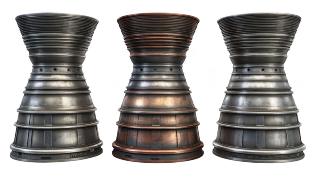 Three rocket engine nozzles isolated on transparent png background