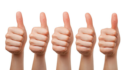 Five hands showing thumbs up on transparent png background