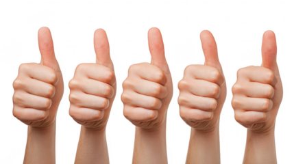 Five hands showing thumbs up on transparent png background