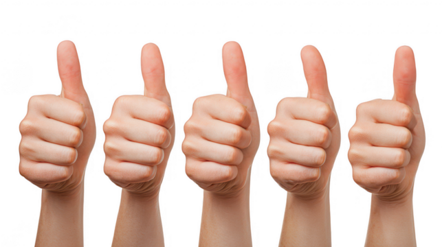 Five hands showing thumbs up on transparent png background