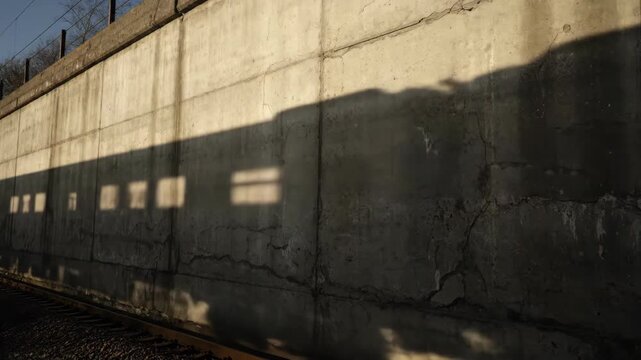 Shadow Of Moving Train Across Concrete Wall On Sunny Afternoon In New York