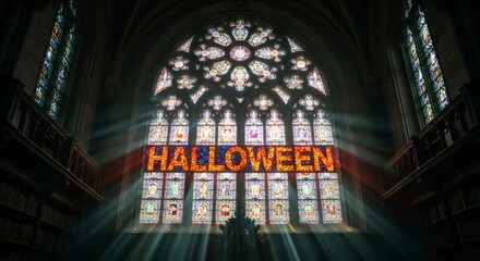 Halloween text on stained glass windows with light rays in dark gothic library interior. Dark academia concept for October holiday.