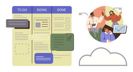 Task board with columns for To Do, Doing, Done alongside a team brainstorming ideas. Ideal for project management, workflow, productivity, teamwork, organization, planning simple flat metaphor © robu_s