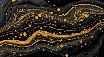 Black and Gold Abstract Swirls with Bubbles Background