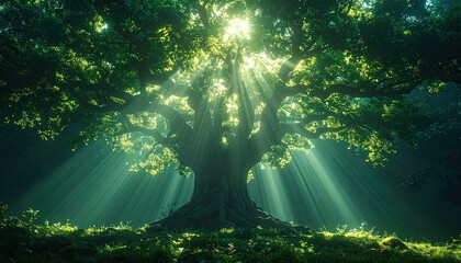 Obraz premium Majestic oak tree bathed in sunlight