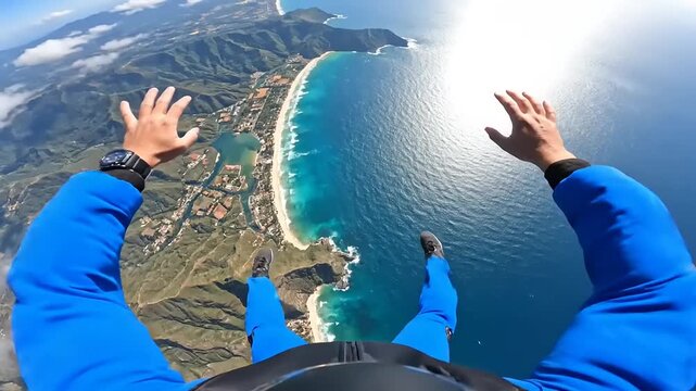 First-person perspective of a skydiver in exhilarating freefall over a stunning tropical coastline