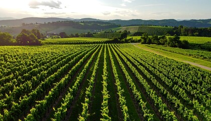 Aerial view of a vineyard landscape at sunset