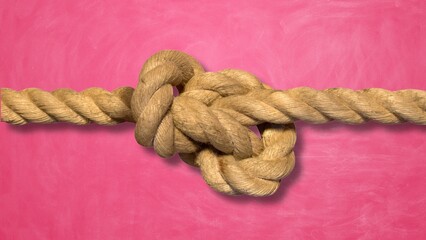 A thick, fibrous rope tied in a complicated knot against a solid pink background, symbolizing a problem or a strong bond