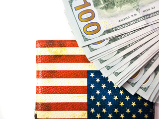 US flag and dollars, cash, dollars, US passport, US visa, travel to the US, money, cash, USA flag, USA dollars. Copy space, flay lay, top view, white background. A wallet with a picture of the America