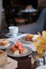 Breakfast in hotel, fine dining, bread, bakery, dessert, buffet