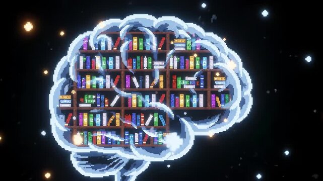 A shimmering pixel art illustration presents the human brain as a vast, digital library, symbolizing the boundless pursuit of knowledge, intellectual growth, and continuous learning