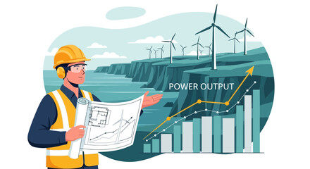 Wind Farm Engineer Analyzing Power Output Graph Near Coastal Wind Turbines