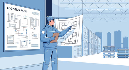 Warehouse logistics planning displayed through diagrams and an industrial manager