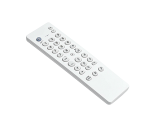 White rectangular remote control with numerous buttons (4)