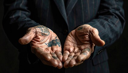 Detailed Closeup of Hands with Intricate Tattoos, Dark Background