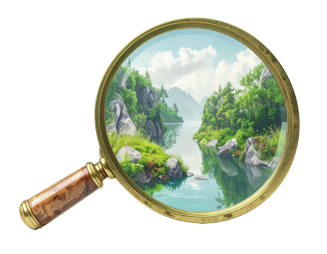 Scenic landscape viewed through magnifying glass