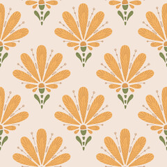 Seamless orange floral pattern with stylized botanical design, perfect for textiles, wallpapers, packaging, and decorative backgrounds.
