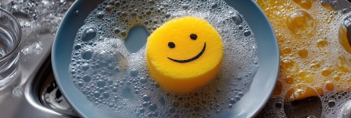 Smiling sponge in soapy water on plate in kitchen sink