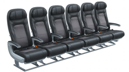 Row of airplane seats isolated on transparent png background